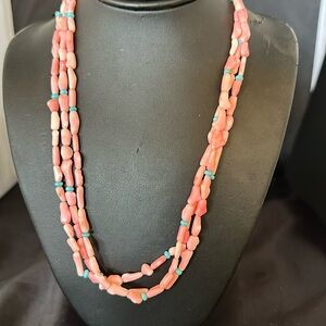 Beautiful Pink Coral Blue Turquoise Sterling Silver Necklace 20”